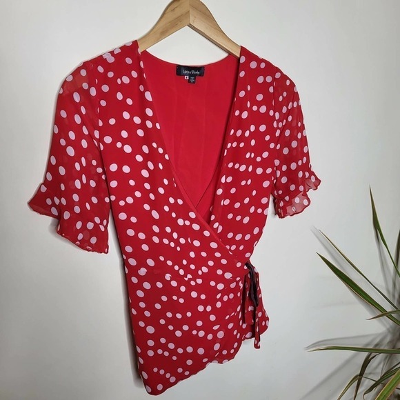 Lea & Viola Polka-Dot Wrap Blouse - Polka Dot - Red Multi - Picture 4 of 12